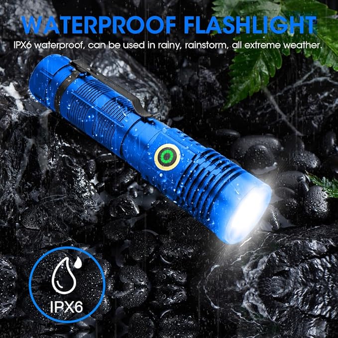 Rechargeable Flashlight High Lumens, 12000 High Lumens Super Bright Flash Light, 1500 Meter Long-Range Zoomable LED Flashlights for Emergency, EDC, Searching, Waterproof Flashlight Dimmable Blue Pcs