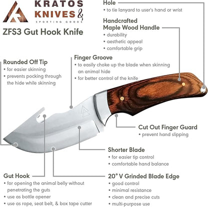 Hunting Knife with Gut Hook, 7.68" Gut Hook Hunting Knife with 440C Stainless Steel Outdoor Gut Hook Knives, Leather Sheath Included by Kratos - ZFS3