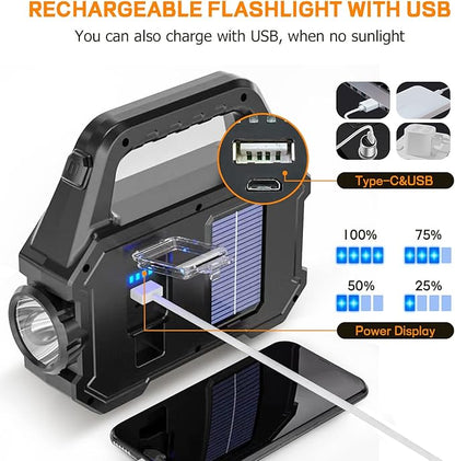 Solar Handheld Flashlight with USB Cable, 6 Modes Rechargeable Multifunction Lights Super Bright LED Searchlight, Lightweight Waterproof Portable Spotlight for Fishing Outdoor Camping Emergencies