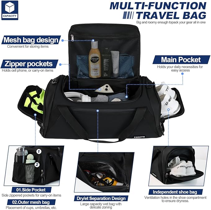 FIORETTO 43L Mens Sports Gym Bag with Wet Pocket & Shoe Compartment, Travel Duffle Bag Overnight Bag with Padded Shoulder Strap, Holdall for Swimming, Basketball, Football Black