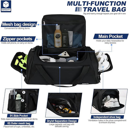 FIORETTO 43L Mens Sports Gym Bag with Wet Pocket & Shoe Compartment, Travel Duffle Bag Overnight Bag with Padded Shoulder Strap, Holdall for Swimming, Basketball, Football Black