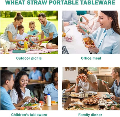 Large Reusable Travel Utensils Set with Case, Plastic Silverware Set for Adults Travel Picnic Camping, Portable Flatware Cutlery Set with Chopsticks for Daily Use(Dark Green)