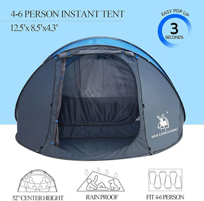6 Person Easy Pop Up Tent,12.5’ x 8.5‘ x53.5,Automatic Setup,Waterproof, Double Layer,Instant Family Tents for Camping,Hiking & Traveling
