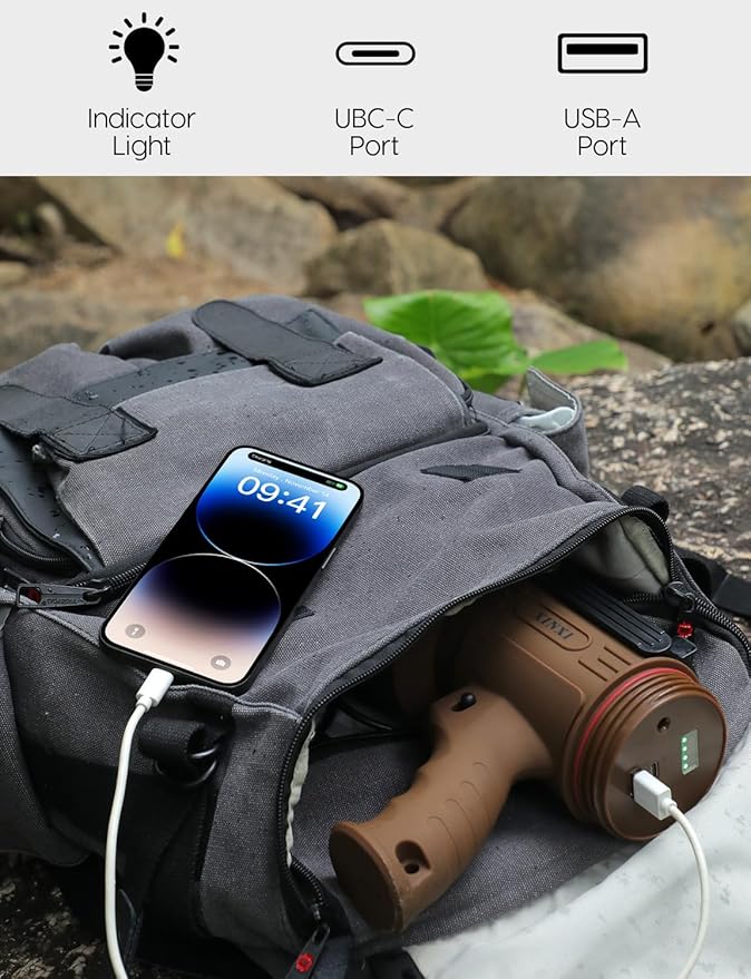XINXI 1000,000 Lumens Rechargeable Spotlight with COB Floodlight, 6 Light Modes and USB Charger for Hiking, Boating, Hunting, IP67 Waterproof Handheld Flashlight with red Filter(Brown)