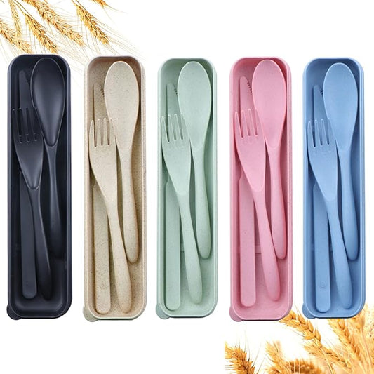 Reusable Travel Utensils Set with Case, 5 Sets Wheat Straw Portable Knife Fork Spoons Tableware, Eco-Friendly BPA Free Plastic Cutlery Travel Picnic Camping Utensils for Kids Adults Daily Use