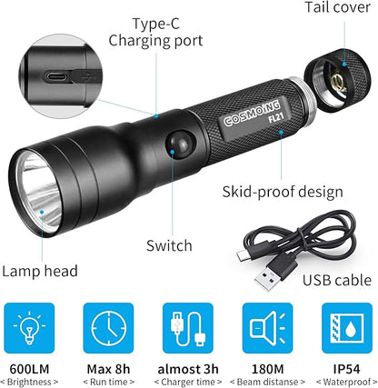 High Power LED Flashlight USB C Rechargeable, 600 Lumen Tactical Flashlight IP65 Waterproof Handheld Flashlight for Emergency,Police Law Enforcement,Hunting,Camping,Hiking