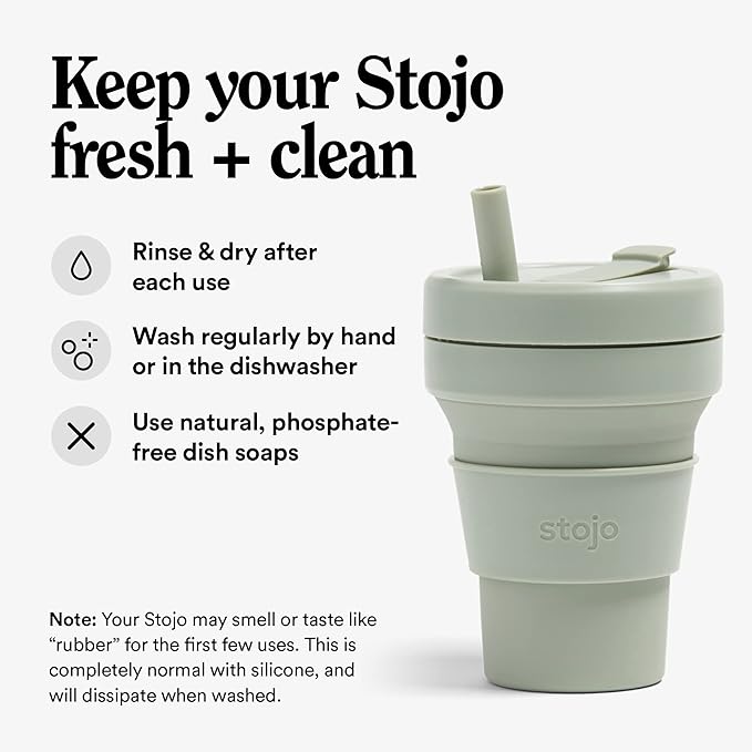 STOJO Collapsible Travel Cup With Straw - Sage Green, 16oz / 470ml - Reusable To-Go Pocket Size Silicone Bottle for Hot and Cold Drinks - Perfect for Camping and Hiking - Microwave & Dishwasher Safe