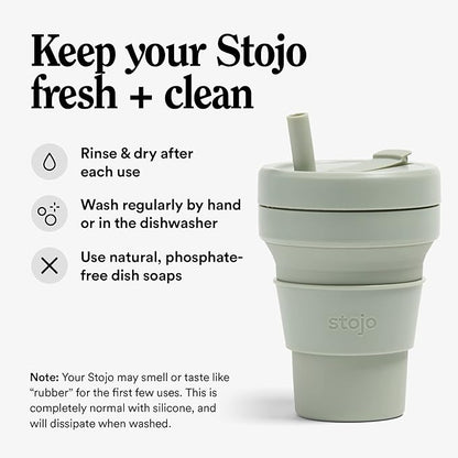 STOJO Collapsible Travel Cup With Straw - Sage Green, 16oz / 470ml - Reusable To-Go Pocket Size Silicone Bottle for Hot and Cold Drinks - Perfect for Camping and Hiking - Microwave & Dishwasher Safe