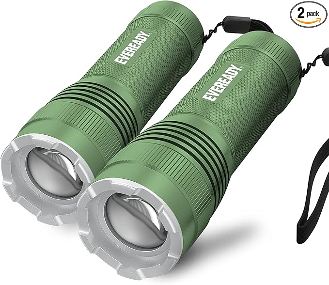 LED Tactical Flashlight by Eveready, Bright Rechargeable Flashlights for Emergencies and Camping Gear, Water Resistant EDC Flash Light, Pack of 2, Green