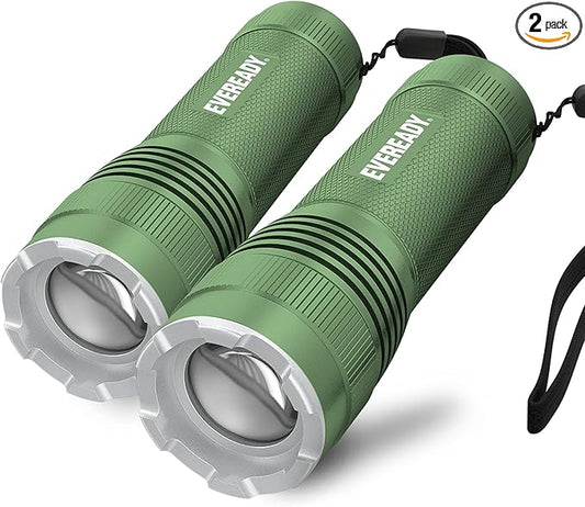 LED Tactical Flashlight by Eveready, Bright Rechargeable Flashlights for Emergencies and Camping Gear, Water Resistant EDC Flash Light, Pack of 2, Green