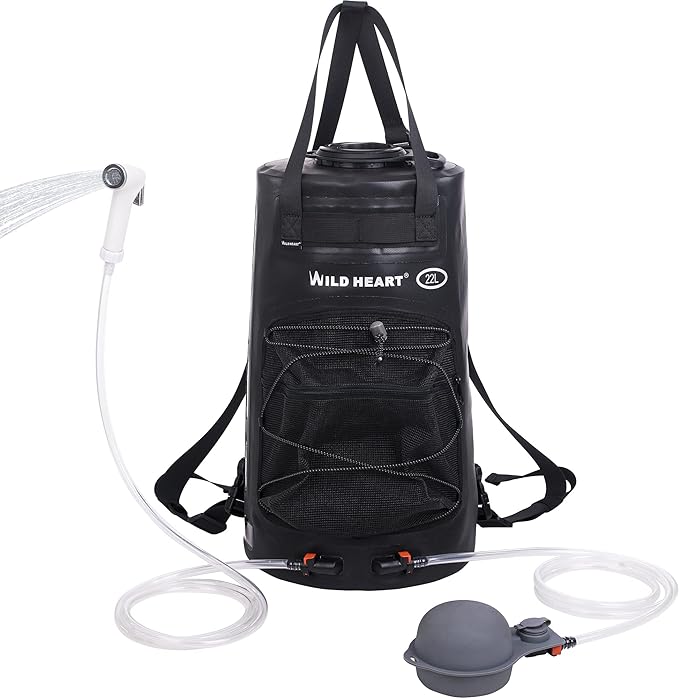 WILD HEART Camping Shower 22L/ 12L Portable Shower for Camping with Pressure Foot Pump and Hose - Solar Shower Bag backpack for Camping, Road Trip & Outdoor Use