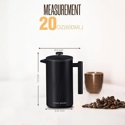 Utopia Kitchen Stainless Steel French Press Coffee Maker 21 Oz, French Press Tea Maker, Cold Brew Portable Travel Coffee Presses, Tea Press Gifts Black