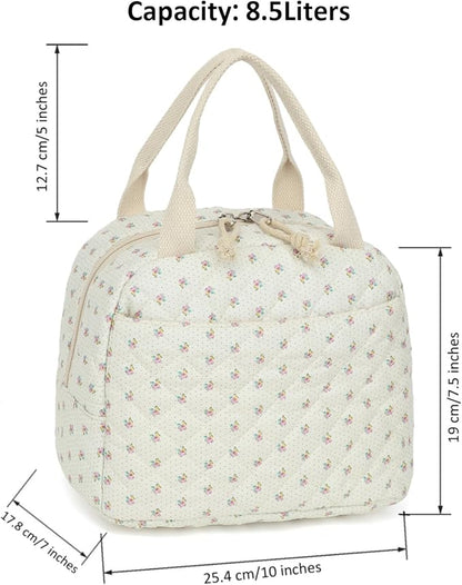 Insulated Lunch Bag, Quilted Beige Floral Design, Thermal Cooler Tote, Portable Large Capacity for Work, School, or Picnic, 8.5L