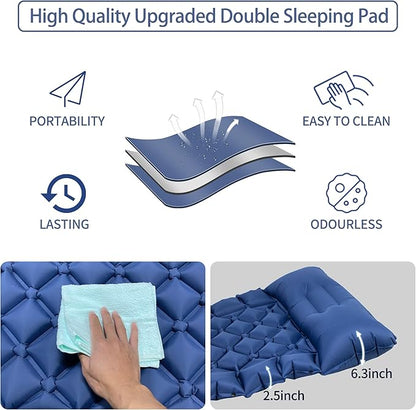 Single Sleeping Pad for Camping, Ultralight Inflatable Sleeping Mat with Pillow and Built-in Foot Pump, Portable Camping Mattress for Tent, Backpacking, Hiking, Traveling（Blue）