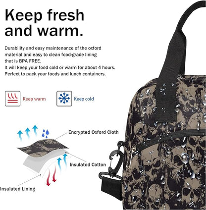 Vintage Skull Skeleton Insulated Lunch Bags for Women Men Adult Halloween Goth Reusable Lunch Tote Therma Cooler Bag with Shoulder Strap Lunch Box for School Work Office Picnic Meal Prep Bag