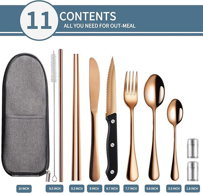 Portable Travel Utensils Set,Reusable Utensils,Travel Camping Cutlery Set,Stainless Steel Flatware Set with Case,Lunch Boxes Workplace Camping School Picnic (Rose Gold)
