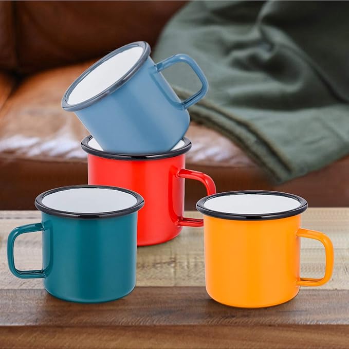 E-far Coffee Mug, 12 Ounce Enamel Coffee Tea Camping Cup Mugs, Red/Yellow/Blue/Green, Healthy & Bright Colors - Set of 4