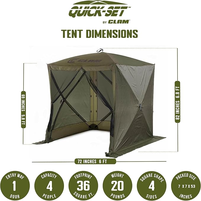 CLAM Quick Set Traveler 6x6Ft Portable Outdoor 4 Sided Canopy Shelter, Green/Tan + Clam Quick Set Screen Hub Tent, Accessory Only, Green (3 Pack)