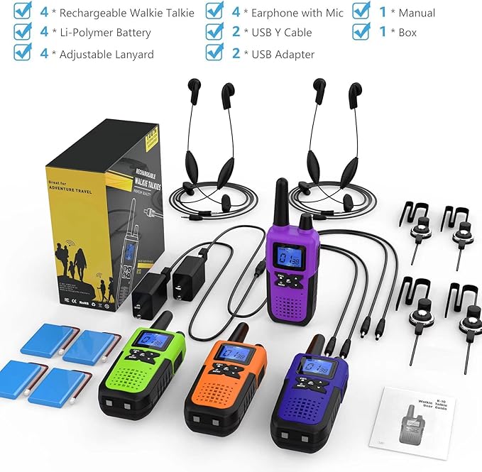 4 Walkie Talkies for Adults Long Range Rechargeable Walkie-Talkies - Long Distance 2 Way Radio Walkie Talkies 4 Pack Walkie Talkies with Earpiece Mic Set USB Charger Lanyard NOAA Weather Alert