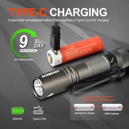 ACEBEAM Pokelit AA Rechargeable Mini Flashlight with Clip, 1000 High Lumens Pocket EDC Flashlight, Super Bright Small Flashlight, Led Flashlight for Camping,Hiking,Everyday Use, Cool White Light(Gray)