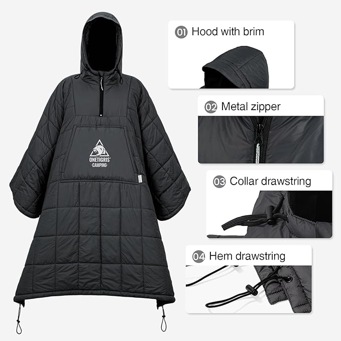 OneTigris Camping Blanket Honcho Poncho with 3M Thinsulate Insulation,Wearable Sleeping Bag Poncho for Camping Large Ultralight Water-Resisitant Warm Wearable Blanket for Outdoor Camping,Hiking