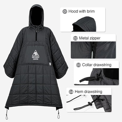 OneTigris Camping Blanket Honcho Poncho with 3M Thinsulate Insulation,Wearable Sleeping Bag Poncho for Camping Large Ultralight Water-Resisitant Warm Wearable Blanket for Outdoor Camping,Hiking