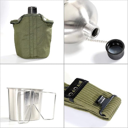 G.I. Army Stainless Steel Canteen Military with Cup and Green Nylon Cover Waist Belt for Camping Hiking Climbing (Cup with Foldable Butterfly Handle)