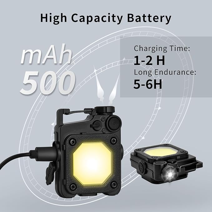 Cob Keychain Flashlight, 6 Light Modes 1500 Lumen, 2Pcs Mini Keychain Work Light, Small Flashlight Rechargeable with Bracket and Screwdriver, Emergency Light for Camping and Hiking