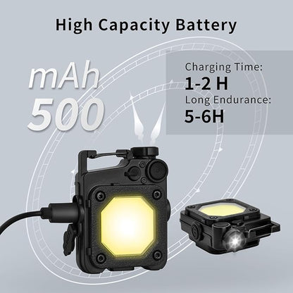 Cob Keychain Flashlight, 6 Light Modes 1500 Lumen, 2Pcs Mini Keychain Work Light, Small Flashlight Rechargeable with Bracket and Screwdriver, Emergency Light for Camping and Hiking