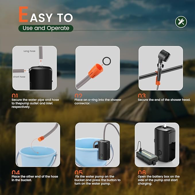 Ideashop Portable Camping Shower Set, Electric Outdoor Camp Shower Pump, Powered by Rechargeable Battery, 3 Flow Mode Head Nozzle, Portable Shower for Camping, Hiking, Traveling, Washing