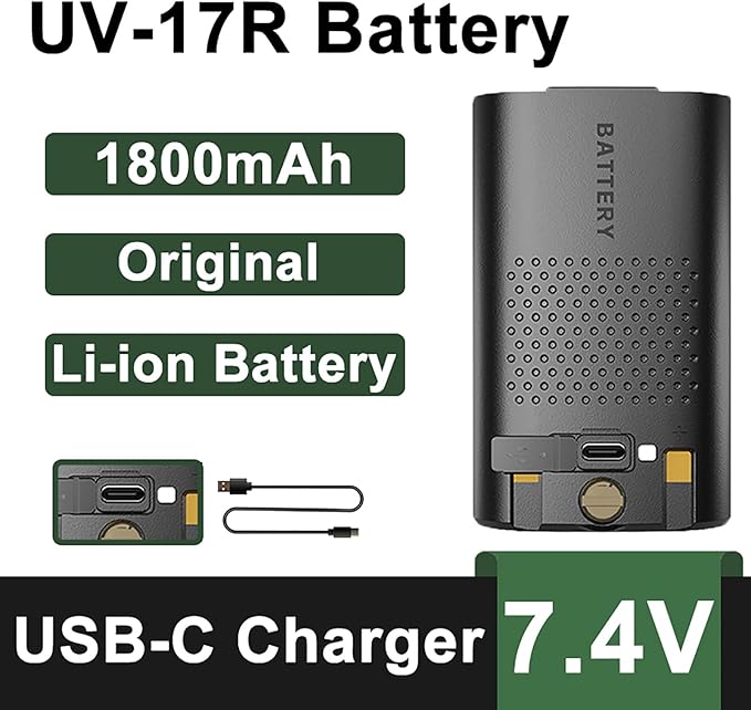 BAOFENG UV-17R Battery Original BL-17UV Enlarge 1800mAh USB-C Charging Rechargerable DC7.4V 13.32Wh Li-ion Battery
