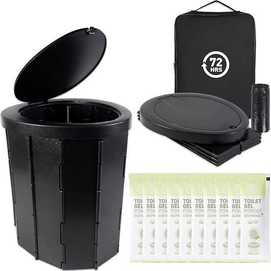 72HRS Portable Collapsible Toilet for Camping, 15.8" Extra Large Camping Toilets Portable Potty, Lightweight and Sturdy, Camp Toilet (With 12 Toilet Bags & 10 Toilet Powers)