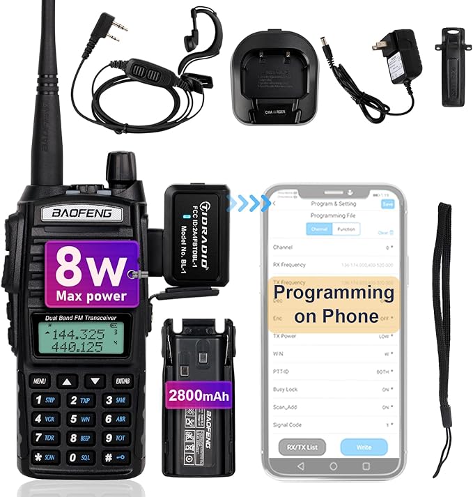 Baofeng UV-82 Baofeng Radio High Power Ham Radio Handheld with Wireless Programmer (No Driver Issues),Walkie Talkies with Earpiece and 2800mAh Battery(1 Pack-Black)