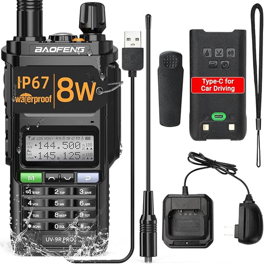 BAOFENG UV-9R Pro 8W Ham Radio Handheld Dual Band Two-Way Radio Tri- Power Waterproof Transceiver Long Range Walkie Talkie Rechargeable with Type-C Charger Cable