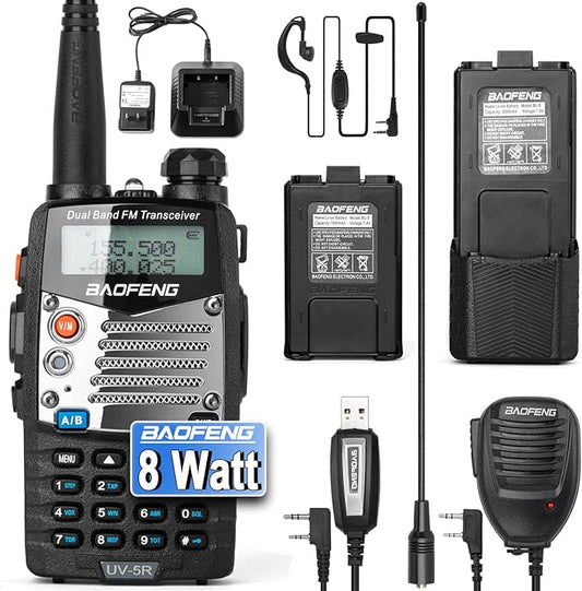 BAOFENG UV-5R 8W Ham Radio Handheld Dual Band 2-Way with an Extra 3800mAh Battery with BAOFENG Hand Mic and Programming Cable