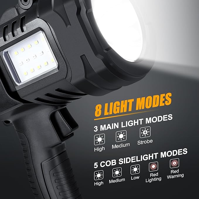 Spotlight Flashlight, 1000,000 Lumens Outdoor Spot Light, LED Rechargeable Spotlight Handheld, 8 Modes with Cob Light, 10800ɱAh, Flashlight for Camping Marine Boating Hunting, IPX6 Waterproof