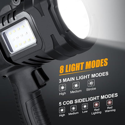 Spotlight Flashlight, 1000,000 Lumens Outdoor Spot Light, LED Rechargeable Spotlight Handheld, 8 Modes with Cob Light, 10800ɱAh, Flashlight for Camping Marine Boating Hunting, IPX6 Waterproof