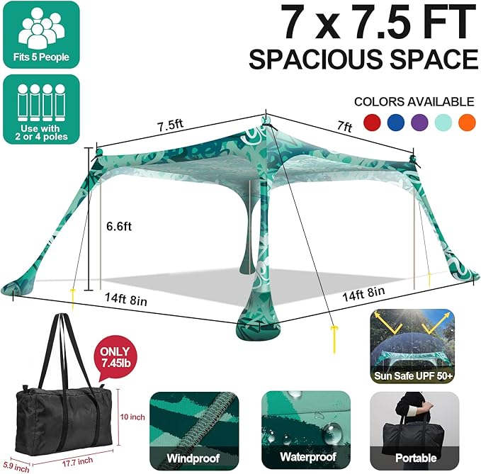 Buheco Beach Tent Pop Up Shade 7x7.5ft Beach Canopy Sun Shelter UPF50+ with 4 Foldable Poles-Portable Carrying Bag-Sand Shovel-Ground Pegs-Windproof Ropes for Outdoor Family Camping-Fishing- Picnic