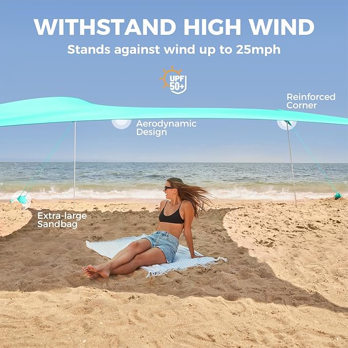 WEKAPO Beach Tent Sun Shelter - Easy Setup Beach Canopy with 4 Sturdy Poles, Large Sandbags and Shovel, 7'1'' Tall, Windproof Sun Shade for Backyard and Camping, UPF 50+ Protection