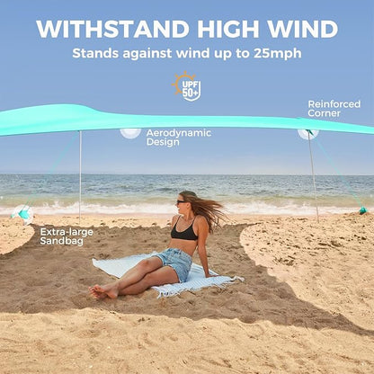 WEKAPO Beach Tent Sun Shelter - Easy Setup Beach Canopy with 4 Sturdy Poles, Large Sandbags and Shovel, 7'1'' Tall, Windproof Sun Shade for Backyard and Camping, UPF 50+ Protection