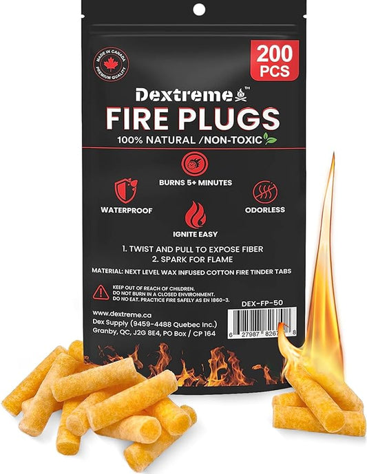Dextreme Fire Plugs (200 Plugs) Waterproof Fire Starter for Campfires, Emergencies, Survival, Fire Pits, Grills | 5+ Minute Burn | All Natural | Made in North America