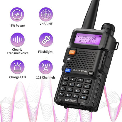 Baofeng UV-5R 8W Ham Radio Handheld Long Range UV5R Two Way Radio with Double Battery Extra Programming Cable Speaker Mic Rechargeable Walkie Talkies (Black-8W 1Pack Full Kits)
