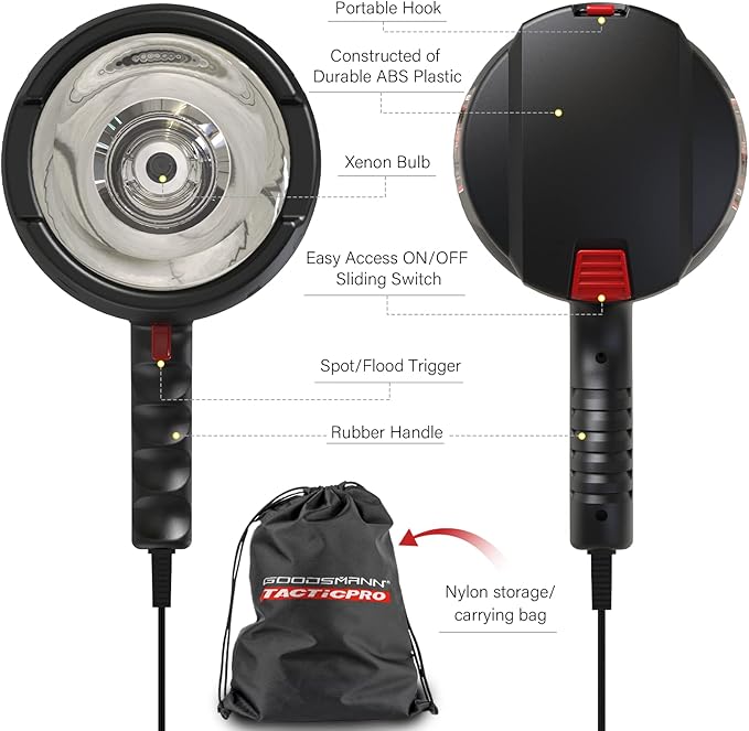 GOODSMANN HID Handheld Adjustable Spotlight/Floodlight 2000 Lumen 12V Plug in Spotlights for Boat Marine Corded Spot Light 929 Yards Car Charger Searchlight for Hunting/Camping/Hiking/Garage/Fishing