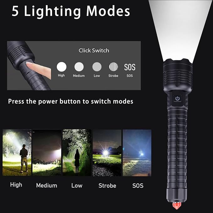 Rechargeable Led Flashlights 12000 Lumens Flashlight 9.3in Handheld Flashlights IP44 Waterproof Zoomable 5 Modes Waterproof Flash Lights for Emergency, Outdoor, Home, Camping, Hiking(Battery Free)