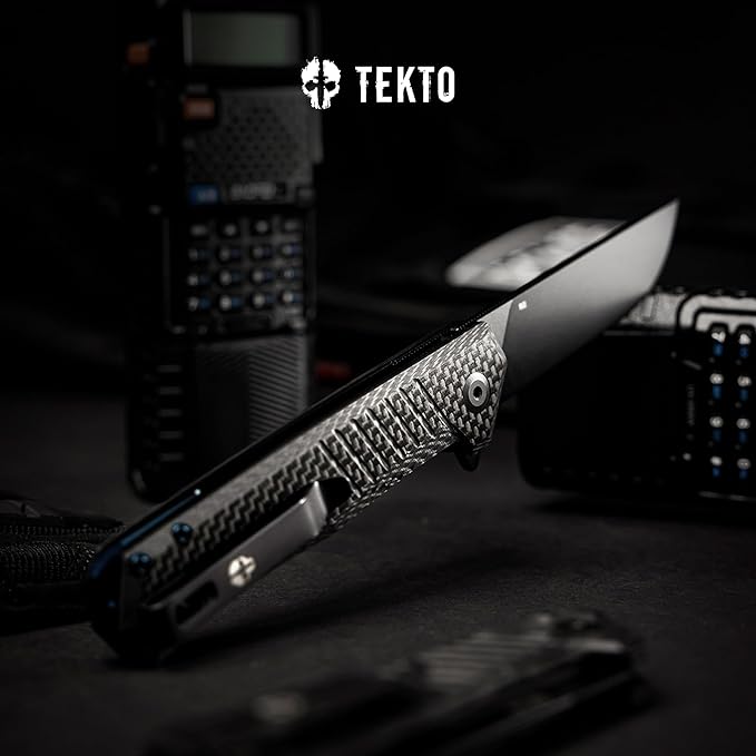 F1 Alpha Folding Pocket Knife - Modified Straight Back Blade,Titanium Coated D2 Steel, Ideal for Outdoor Camping and Backpacking, Tactical Carbon Fiber Handle, Blue Titanium Accents
