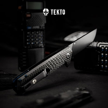 F1 Alpha Folding Pocket Knife - Modified Straight Back Blade,Titanium Coated D2 Steel, Ideal for Outdoor Camping and Backpacking, Tactical Carbon Fiber Handle, Blue Titanium Accents