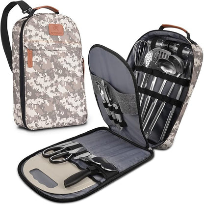 Extremus 27 Pcs Camp Kitchen Cooking Utensil Set Cookware Kit - Travel Organizer Grill Accessories Portable Compact Gear for Backpacking BBQ Camping Travel,Camping Accessories,Earth Digi Camo