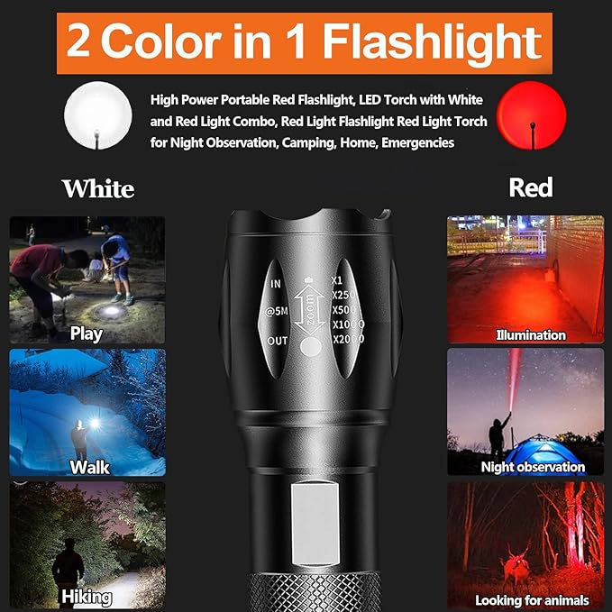 LED Flashlights 3 Pack, High Lumens Waterproof Red Light Flashlight, Green Light Flashlight, Blue Light Flashlight & White Light Combo Torch for Night Observation, Camping, Outdoor Home