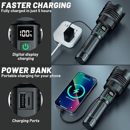 Rechargeable Flashlights High Lumens LED: 990,000 Lumens Bright Powerful Tactical Flash Light with Magnetic Base, Digital Display, 5 Modes, IPX6 Waterproof Torch for Camping Emergencies
