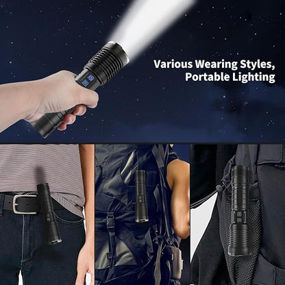 Rechargeable Flashlights High Lumens, 200000 Lumens Flashlights with Clip, Dual Switch IP67 Waterproof Super Bright LED Tactical Flashlight, USB Recharging LED Flashlights for Camping Home